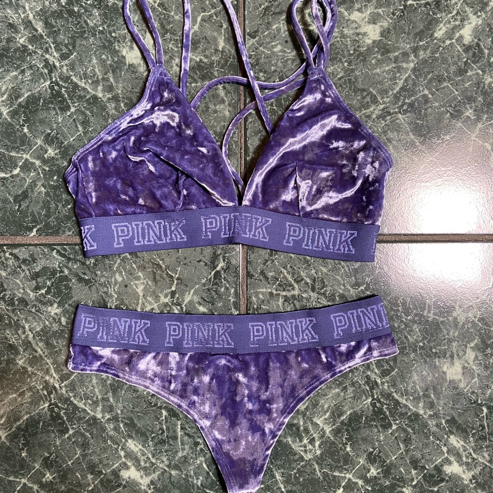 PINK blue velvet bralette and thong set size S